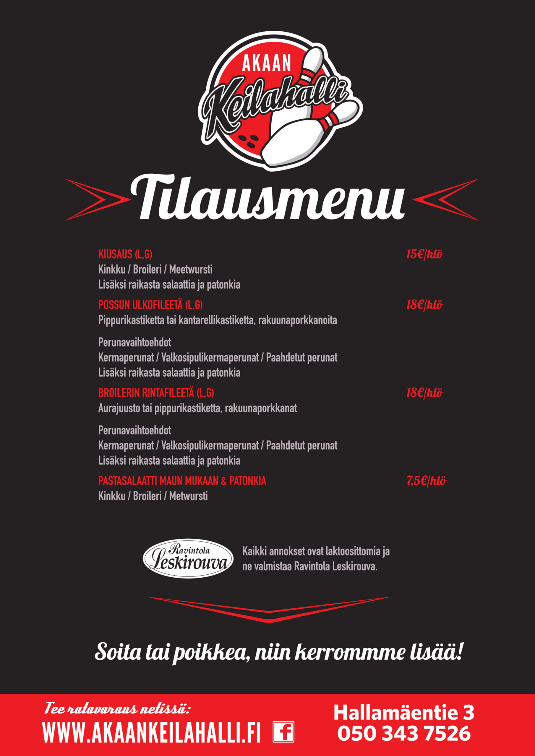 Akaan keilahalli tilausmenu